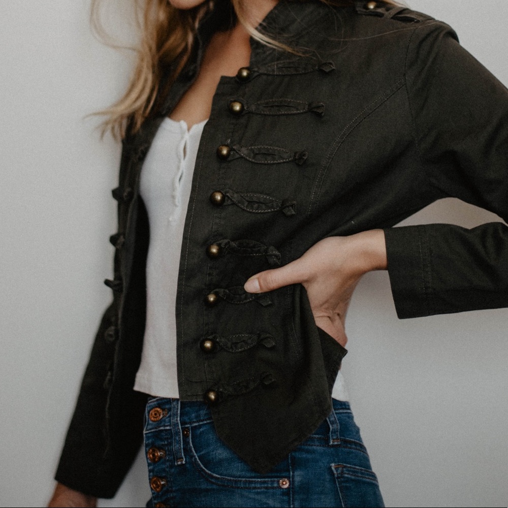 Green utility jacket, brass buttons